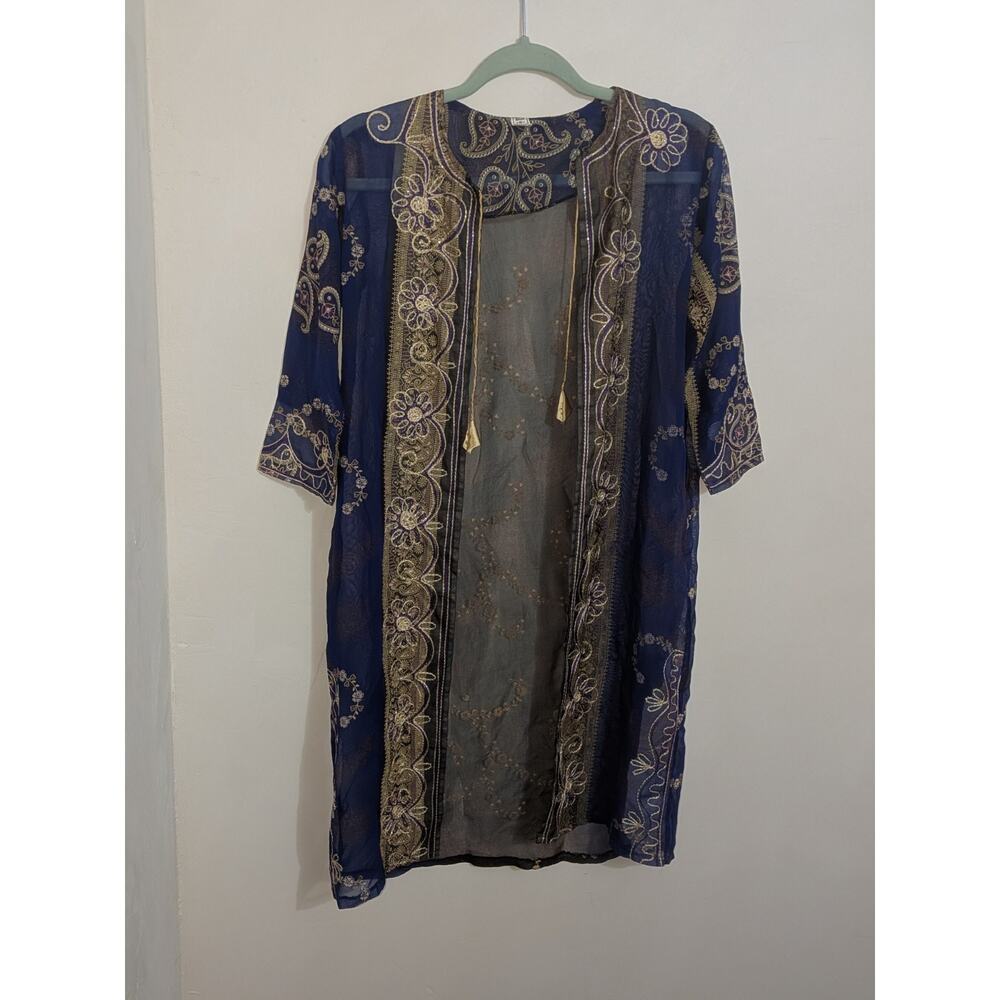 VTG Made In Kuwait Blue Sheer Kameez Duster Overcoat W/ Gold Embroidery Sz 4